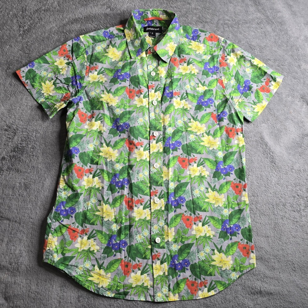 Betabrand Shirt Mens S Button Up Hawaiian Colorful Aloha Tropical Floral USA EUC